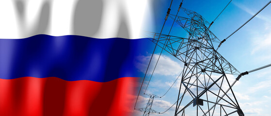 Russia - country flag and electricity pylons - 3D illustration