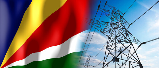Seychelles - country flag and electricity pylons - 3D illustration