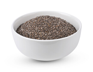 Chia seeds in white ceramic bowl on white background.
