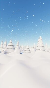 3D Vertical loop Animation. Snowflakes falling in a frozen forest with pine trees. Winter background