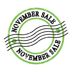 NOVEMBER SALE, text on green-black grungy postal stamp.