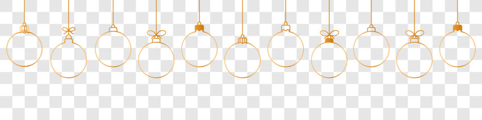 Christmas ball golden line icon.Set of simple golden christmas balls isolated on transparent background.Holiday christmas decoration.Christmas and New Year seamless banner or border.