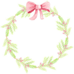watercolor christmas pine leaf red berry with red ribbon wreath frame with copy space