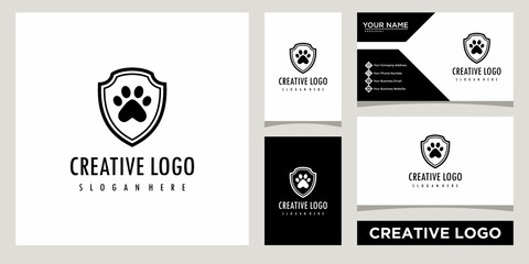 Paw dog with shield logo template with business card design