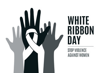 White Ribbon Day Poster with violence awareness symbol vector. Human hands up and white awareness ribbon vector. Stop violence against women design element. Important day