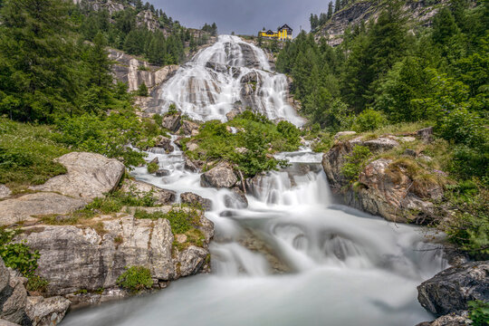 View of Toce Waterfall in Formazza Valley, province of Verbano-Cusio-Ossola, Italy. Long Exposure photo. With a jump of 143 meters it is the second highest waterfall in Europe