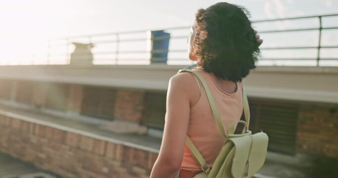 Travel, freedom and a woman in city walking with backpack on summer evening in Brazil. Relax, walk and thinking, hipster girl on holiday stroll enjoying the peace and urban view of Sao Paulo sunset.