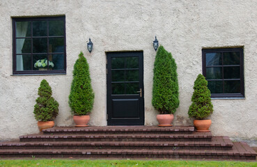 Porch with a black door, a large terrace, 4 arborvitae in a flower pot. A beautiful terrace of the...