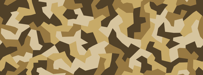 Fototapeta premium Geometric sand yellow and brown camouflage texture, seamless pattern. Abstract modern urban camo endless background. Ornament for army modern fabric and fashion print. Vector illustration.