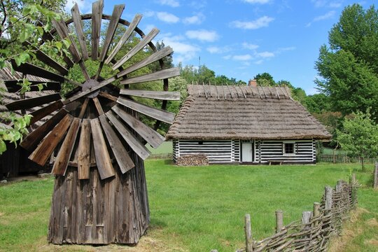 Open-air wooden museum and a windmill in Sanok, a house from Ustrobna, Poland