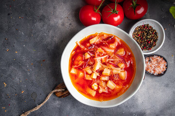 red soup vegetable borsch beetroot, cabbage, tomato meal food on the table copy space food background 