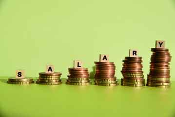 Das Wort Salary auf Münzstapeln mit Holzbuchstaben