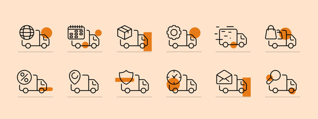 Fast shipping line icon. Logistics, truck, time, watch, courier, deliver parcel, mail, gear, calendar, minivan, customer, purchase, buy, client, drive, car. Delivery concept. Pastel color background