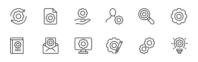 Setting set icon. Development, gear, tuning, installation, file search, application, directory, coupon, payment, folders, document. Setup concept. Vector black set icon