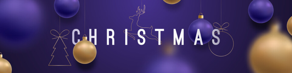 New Year purple banner with hanging Christmas tree decorations in form of balls, deer and Christmas tree. Xmas background, web header, social media banner