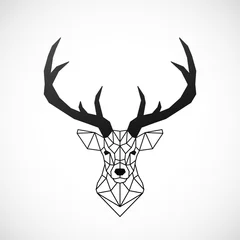  Stylized geometric shape deer with black horned. Hipster Symbol.  Reindeer Low Poly style. Line Art design. © greens87