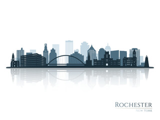 Rochester skyline silhouette with reflection. Landscape Rochester, NY. Vector illustration. - obrazy, fototapety, plakaty