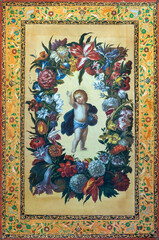 Fototapeta na wymiar ENTREVES, ITALY - JUNY 12, 2022: The symbolic traditional painting little Jesus among the flowers in the church Santa Margherita by unknown artist.