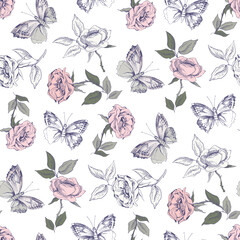 Seamless Pattern of Roses and Butterflies. - 540682139