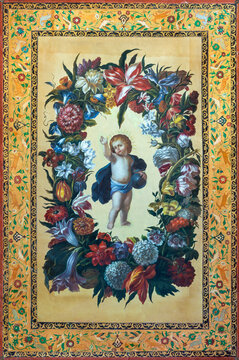 ENTREVES, ITALY - JUNY 12, 2022: The symbolic traditional painting little Jesus among the flowers in the church Santa Margherita by unknown artist.