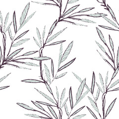 Hand Sketched Leaves Seamless Pattern with Chalk Effect. - 540682511