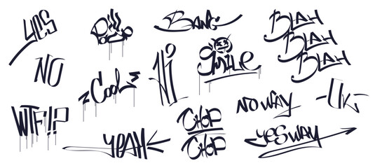 Street graffiti style lettering set. Inscriptions, words, phrases. Yes, no, poop, cool, yeah, blah blah, yes way, no way, ok, wtf, chop chop, hi, smile, bang. Trendy vector set hand drawn illustration