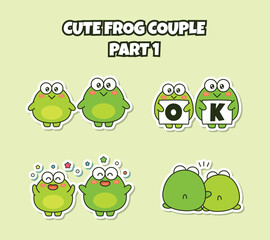 Set of cute kawaii couple little frog sticker emoji expression say OK happy and hug emoticon