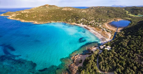 Poster Sardegna (Sardinia) island aerial drone view of best beaches. Grande Pevero beach near Porto Cervo in emerald coast (Costa Smeralda), Italy © Freesurf