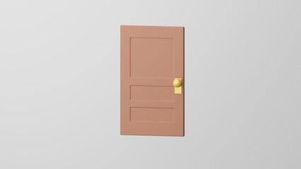 Minimalism brown-coloured door with a golden knob, doorway emoji, exit symbol. On white background. 3d render