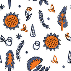 Vector seamless pattern on the folk art style. Ornament illustration, doodle decoration to wrap paper, wall design, mobile background