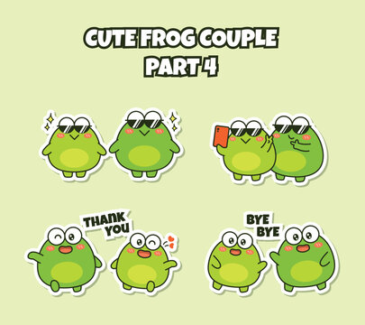Set of cute couple frog sticker emoji wearing sunglasses take a picture say thank you and bye bye emoticon
