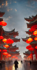 Fototapeta premium A shopping street in the Chinese imperial city. Traditional lighting equipment of Japan. Chinese lantern. Chinese New Year 2023, 3d illustration.