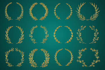 Gold ornamental branch wreathes set in hand drawn design. Laurel leaves wreath and decorative branch bundle. Different types of herbs, twigs with flowers and plants elements. Vector decoration.