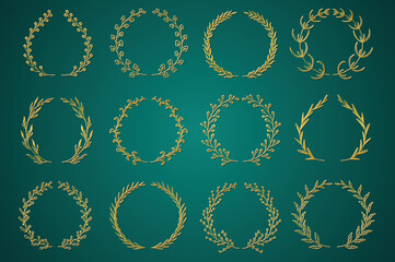 Gold ornamental branch wreathes set in hand drawn design. Laurel leaves wreath and decorative branch bundle. Botanical outline decor of herbs, twigs, sprigs and plants elements. Vector decoration.