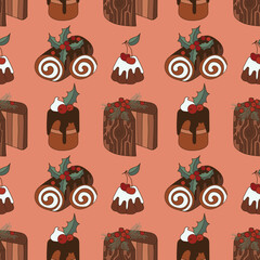 Chocolate Christmas desserts with berries seamless holiday pattern