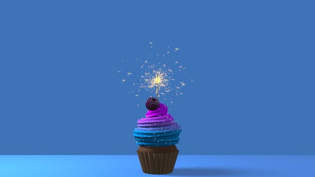 One colorful birthday cupcake with cream, berry and burning sparkler on blue background. 3d 4k festive animation with copy space