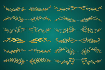 Gold floral ornament dividers set in hand drawn design. Leaves, twigs, plants and branches. Bundle of botanical ornaments scrolls decoration and decorative branch. Vector illustration.