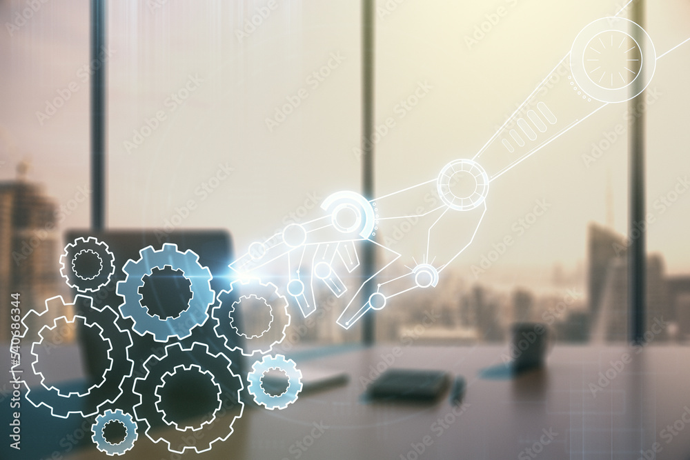 Poster creative abstract robotics technology sketch and modern desk with computer on background, future tec