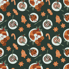 Christmas desserts seamless pattern. Festive background with cookies, candies, leaves and berries.