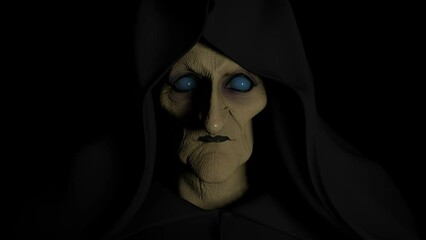 Spooky old blind witch in the darkness 3D 4K Halloween animation