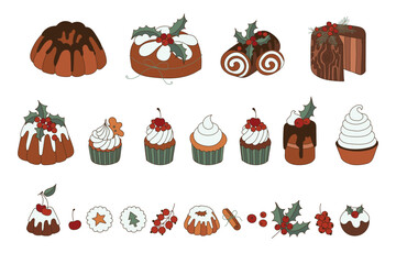New Years Christmas Desserts Cupcakes and Chocolate Cakes isolated on a white background.