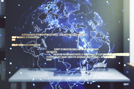 Abstract creative coding illustration with world map and modern desktop with pc on background, international software development concept. Multiexposure