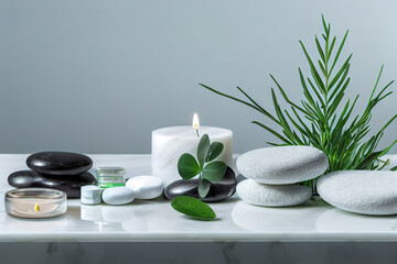 Obraz na płótnie Canvas spa massage aromatherapy wellness accessories, stones, candles, oils, plants