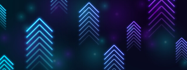 Bright blue violet abstract neon arrows tech banner design. Futuristic laser sci-fi vector background
