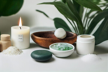 Fototapeta na wymiar spa massage aromatherapy wellness accessories, stones, candles, oils, plants