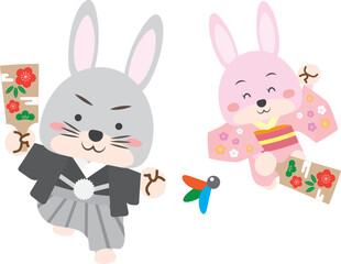 羽子板で羽根つき遊びをする着物姿のウサギたち