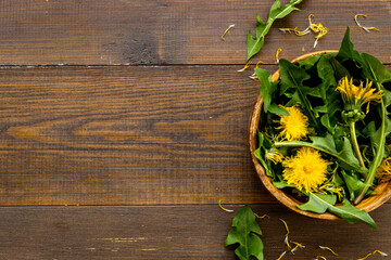 Meadow herbs and flowers. Yellow dandelions heads in wooden bowl