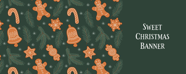 Christmas banner with gingerbread in cartoon retro style vector illustration.