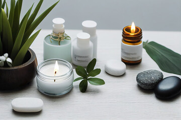 spa massage aromatherapy wellness accessories, stones, candles, oils, plants - obrazy, fototapety, plakaty