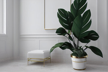 white living room with monstera plants